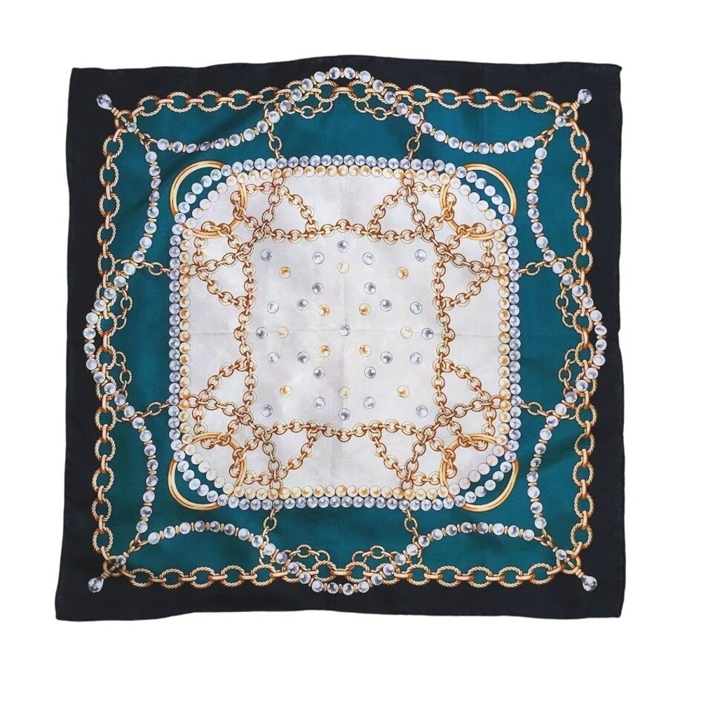 VINTAGE Chain Print Silk Feel Scarf Black Green Gold Pearl 20x20 Baroque Y2K
